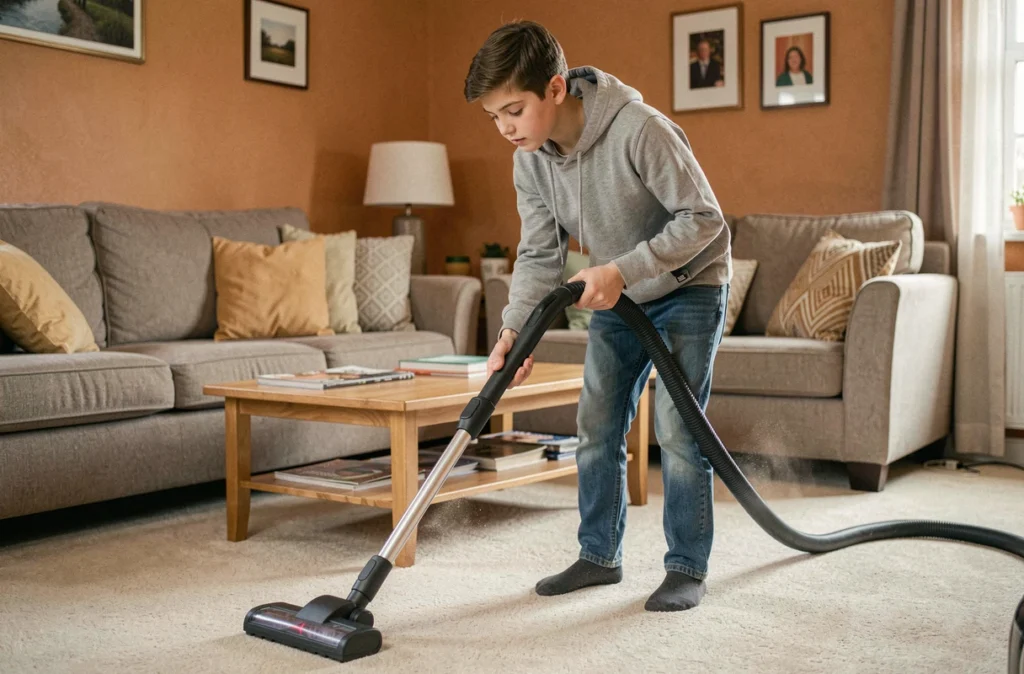 Adolescent passant l'aspirateur dans le salon familial, représentant la participation des enfants aux tâches ménagères