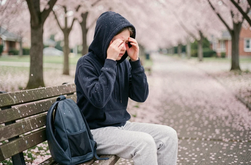 Adolescente se frottant les yeux à cause des allergies au pollen de printemps assise sur un banc de parc
