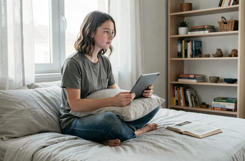Adolescente appliquant la règle 20-20-20 pour reposer ses yeux lors d'une session tablette dans sa chambre