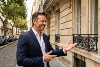 Agent immobilier devant un immeuble ancien haussmannien à Paris, illustrant l'attractivité de l'immobilier ancien et des dispositifs de défiscalisation
