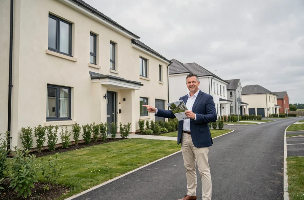 Agent immobilier présentant une maison neuve dans un quartier résidentiel en périphérie
