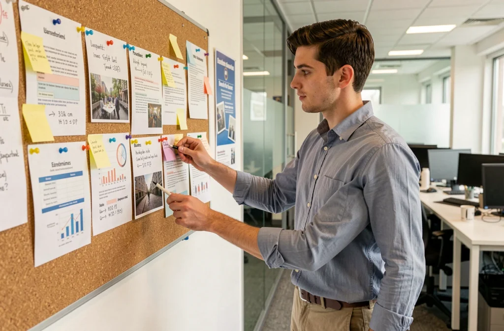 Agent municipal affichant des projets citoyens sur un tableau de liège dans le cadre d'un budget participatif en mairie