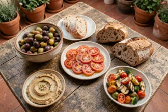 Plateau de cuisine méditerranéenne avec olives, tomates, pain complet et légumes grillés sur une table en bois rustique