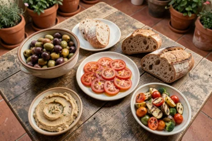 Plateau de cuisine méditerranéenne avec olives, tomates, pain complet et légumes grillés sur une table en bois rustique