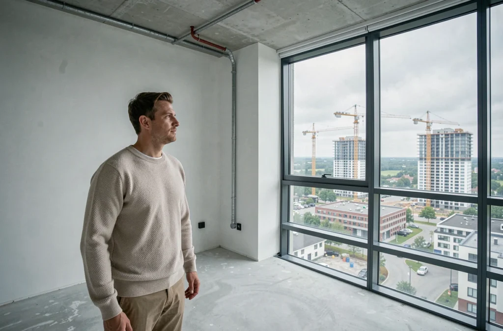 Primo-accédant dans un appartement neuf vide avec vue sur un quartier en construction