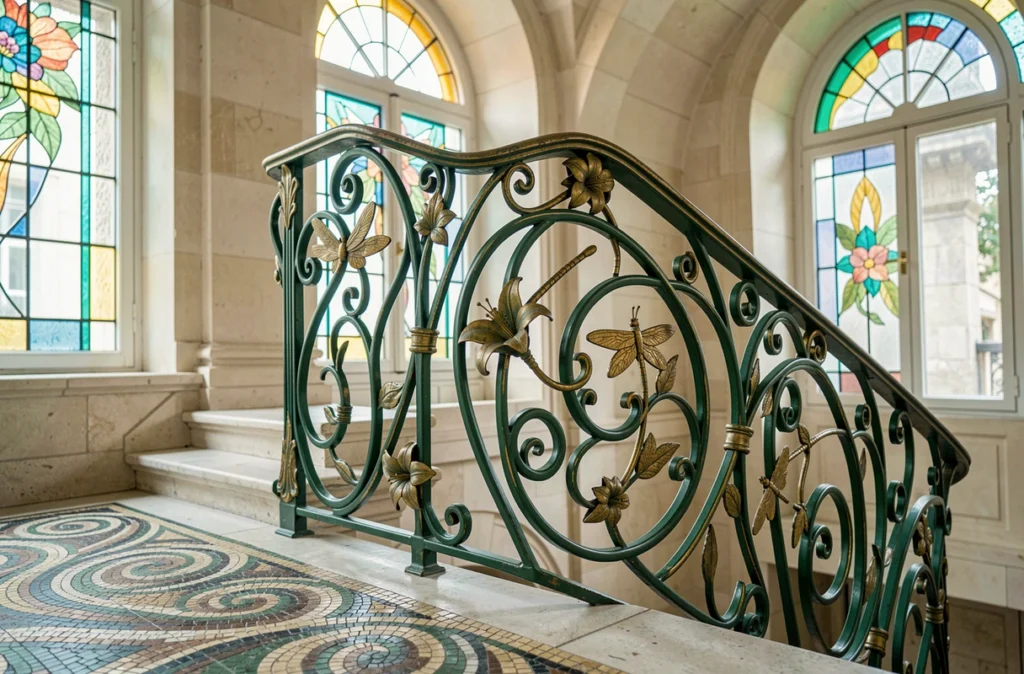 Rampe d'escalier en fer forgé Art Nouveau aux motifs floraux sinueux dans un immeuble européen du début du XXe siècle, avec sol en mosaïque et vitraux colorés