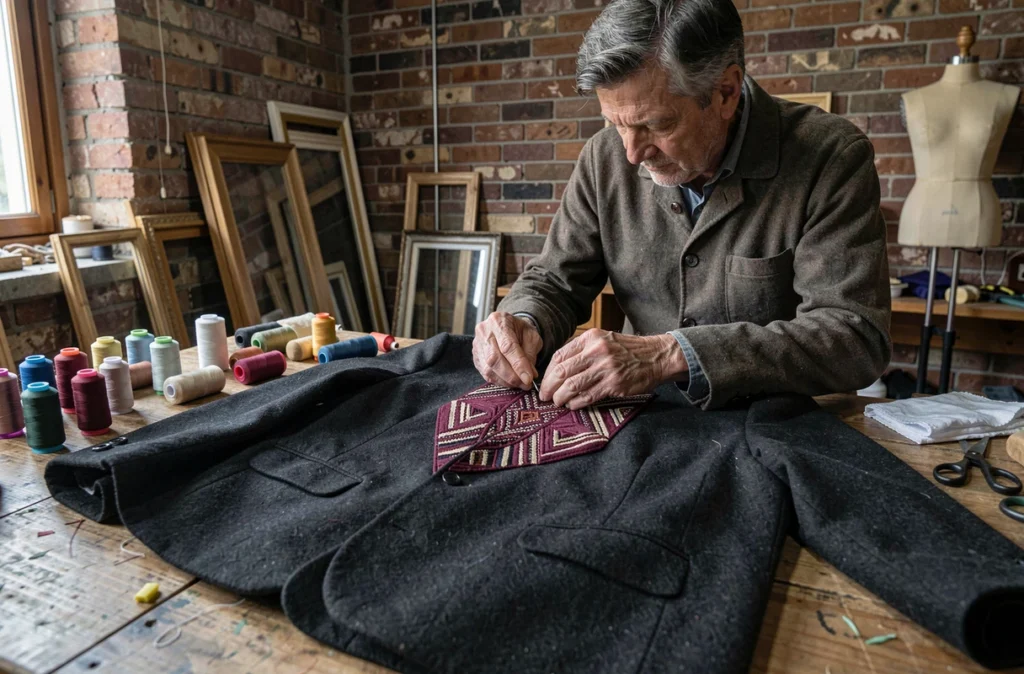 Artisan brodeur travaillant sur un blazer en laine sombre avec des fils de soie bordeaux dans un atelier traditionnel
