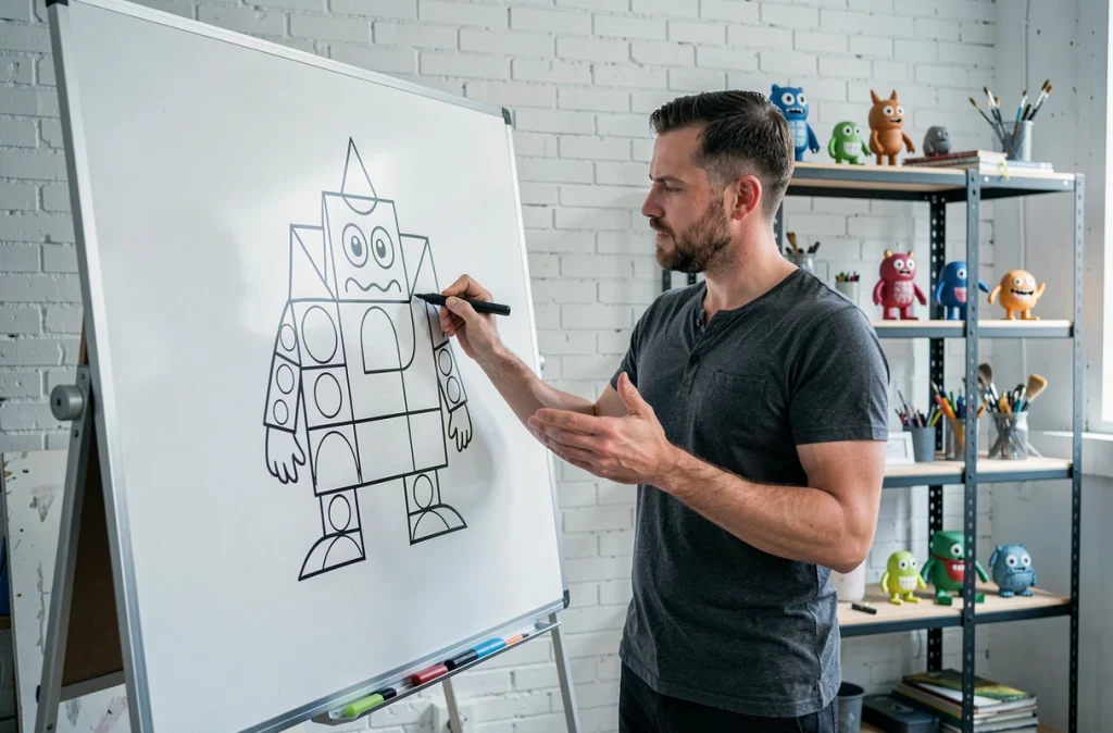 Artiste expliquant comment dessiner un monstre avec des formes simples sur un tableau blanc en studio