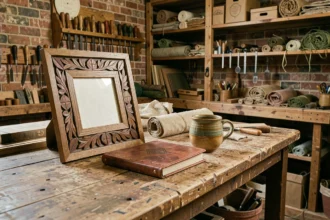 Établi d'artisan Arts and Crafts avec cadre en chêne sculpté, journal en cuir et céramique artisanale, dans un atelier rustique aux murs de briques