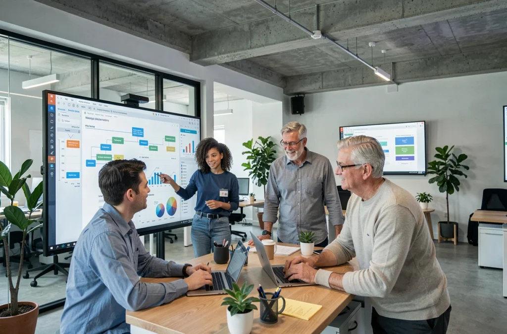 Groupe de professionnels collaborant autour d'un écran lors d'un atelier de montée en compétences numériques en entreprise