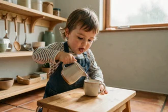 Tout-petit versant de l'eau de façon autonome dans une cuisine Montessori en bois chaleureuse