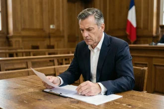 Avocat en costume examinant des documents juridiques dans une salle d'audience française lors d'une procédure pénale pour vol à l'étalage