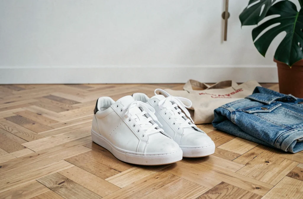 Paire de baskets blanches en cuir posée sur un parquet en chêne clair avec un tote bag et une veste en jean dans une entrée minimaliste