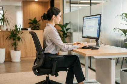 Femme assise avec une bonne posture ergonomique à son bureau de travail moderne