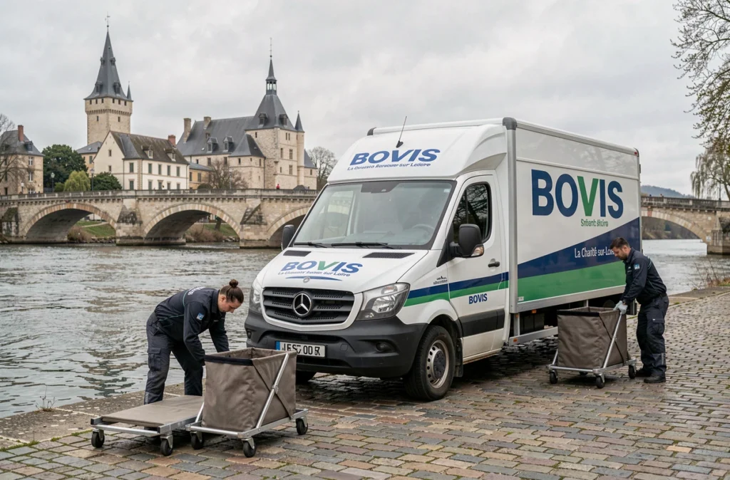 Camion BOVIS Déménagements sur les quais de La Charité-sur-Loire avec le pont médiéval en arrière-plan