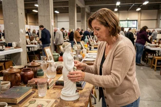 Femme inspectant une figurine en porcelaine sur un stand de brocante couverte dans un hall intérieur du 78