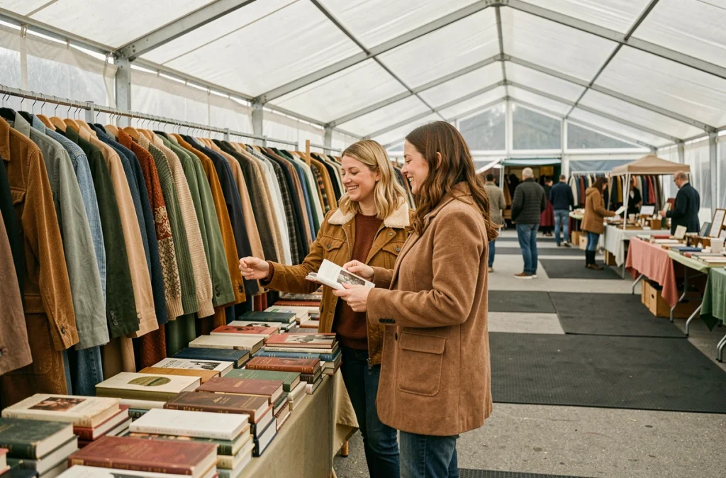 Deux femmes feuilletant des vêtements vintage et livres anciens sous une tente de brocante couverte dans les Yvelines
