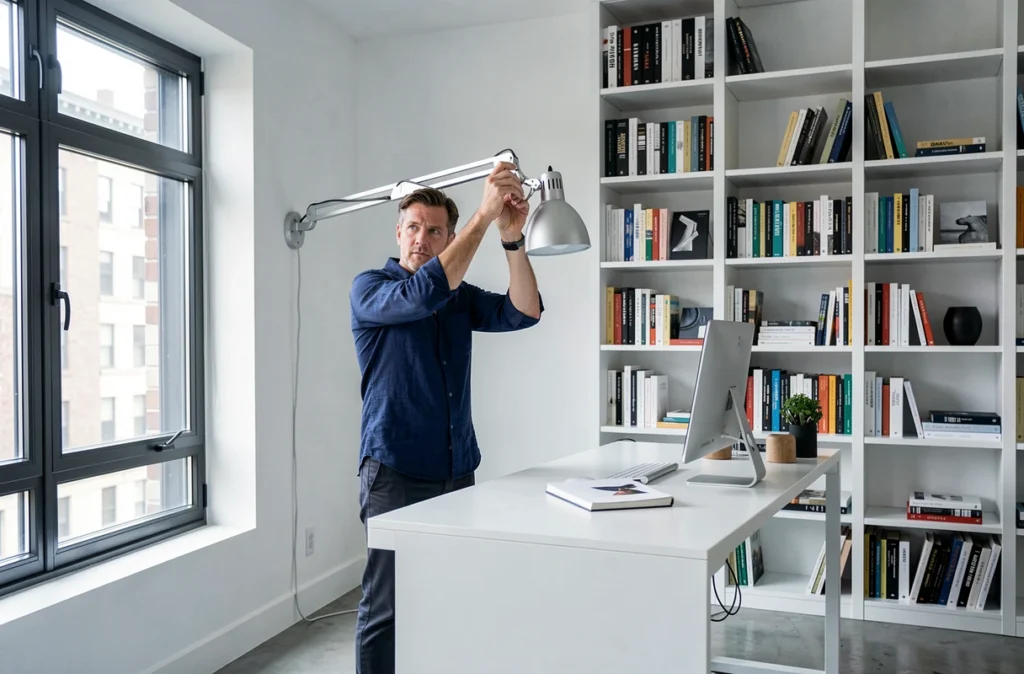 Homme réglant une lampe murale articulée dans un bureau à domicile minimaliste avec grande fenêtre et étagères de livres