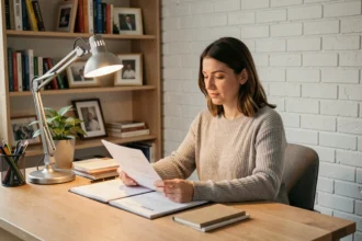 Femme travaillant à son bureau à domicile avec une lampe de bureau réglable à lumière chaude et un décor minimaliste en bois clair
