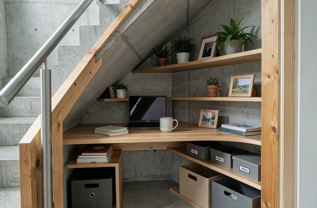 Bureau compact aménagé sous un escalier en béton dans un petit appartement urbain avec étagères et plantes