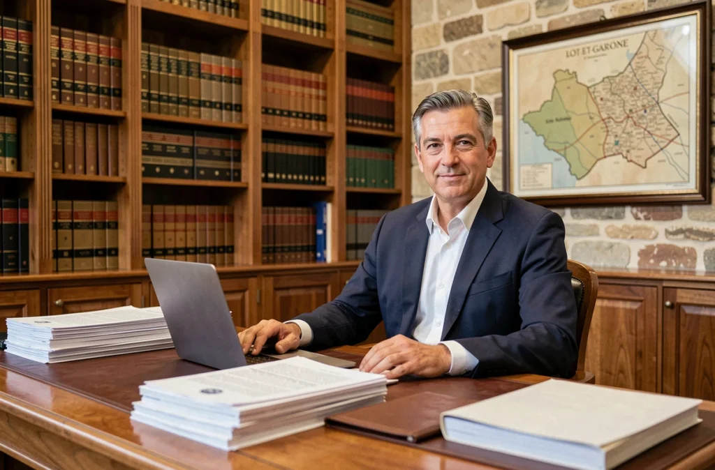 Avocat pluridisciplinaire en costume marine assis à son bureau dans un cabinet à Agen, entouré de dossiers juridiques et de codes de loi