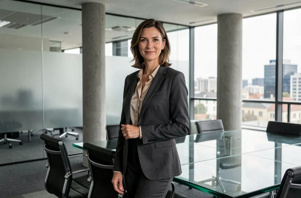 Avocate en blazer anthracite debout dans une salle de réunion moderne d'un cabinet multi-sites à Marmande, Agen et Bordeaux