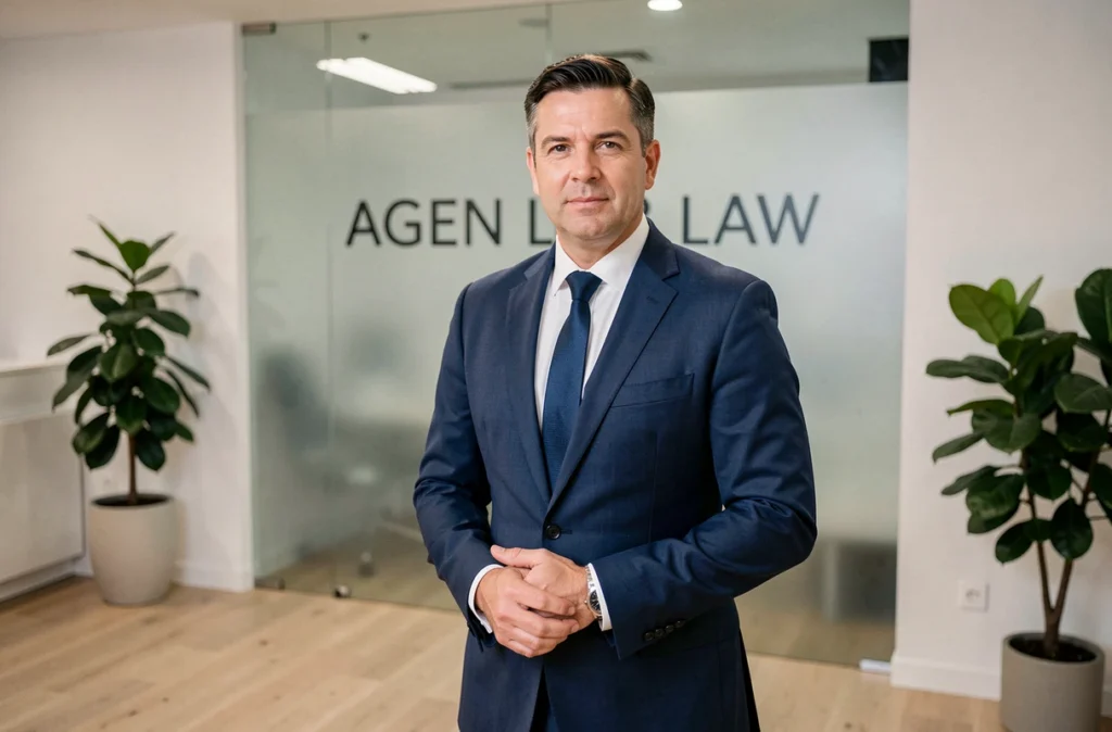 Avocat en costume bleu marine debout devant l'accueil moderne d'un cabinet juridique à Agen avec un panneau en verre dépoli