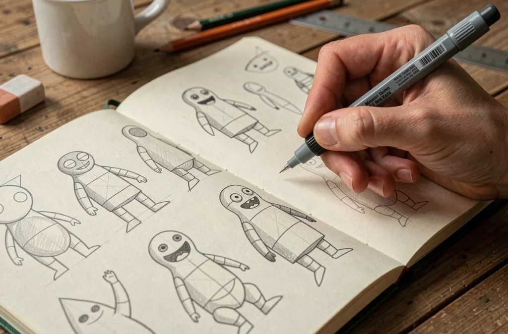 Carnet de croquis ouvert montrant des monstres dessinés pas à pas avec des formes géométriques simples