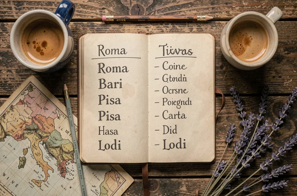 Vue aérienne d'un carnet de voyage listant des villes italiennes à quatre lettres sur une table en bois rustique