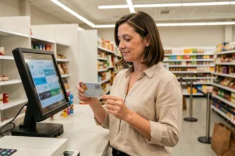 Femme utilisant une carte de fidélité à la caisse d'un supermarché pour cumuler des points de réduction