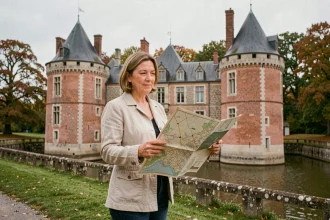 Femme consultant une carte touristique devant le Château de Carrouges dans l'Orne en Normandie