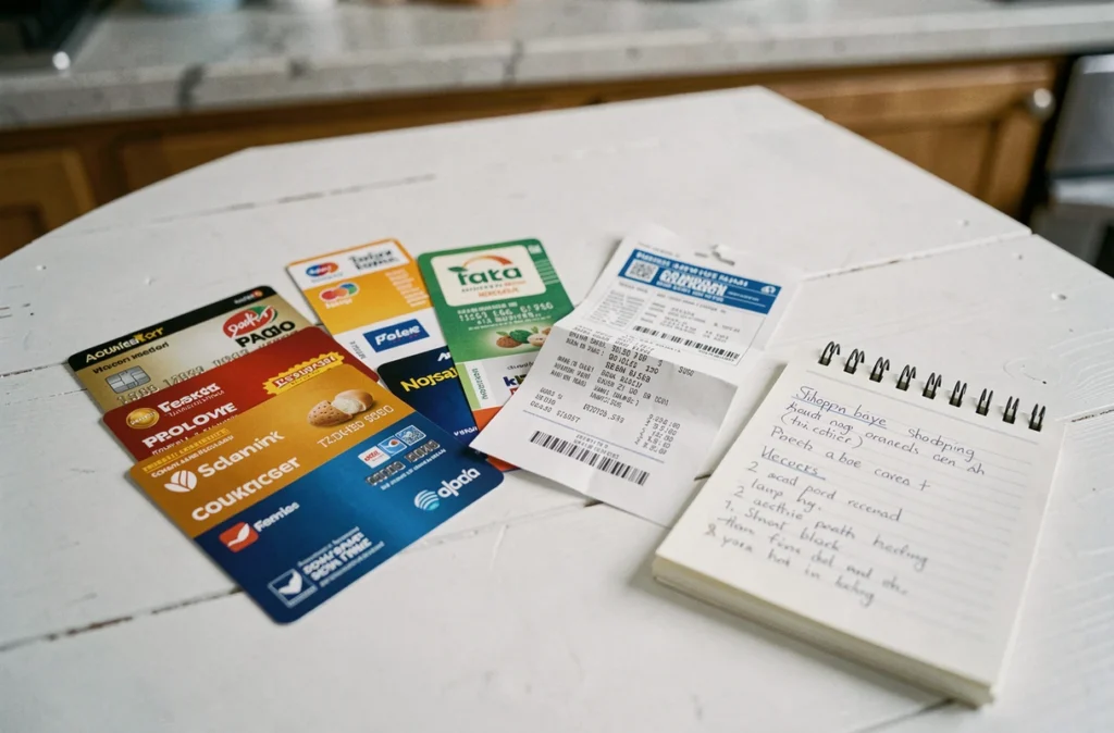 Plusieurs cartes de fidélité de supermarchés disposées avec des coupons de réduction et un reçu d'achat sur une table