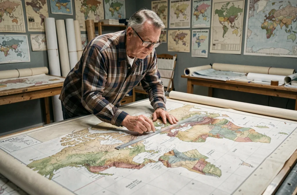 Cartographe mesurant des distances sur une carte du monde imprimée pour comparer les superficies des continents et des pays