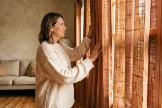 Femme accrochant des rideaux en lin chaud terracotta dans un salon cosy aux tons ocre et bois naturel