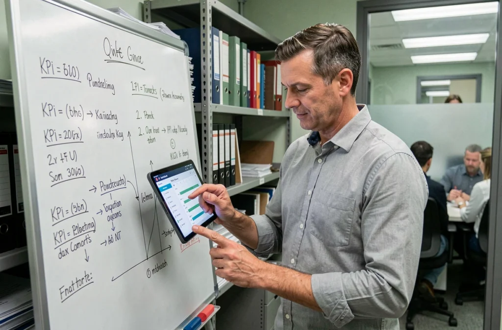 Chef d'entreprise TPE consultant un logiciel de gestion automatisé sur tablette devant un tableau de bord manuscrit