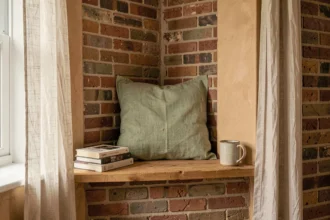 Coin lecture confortable aménagé dans une alcôve de fenêtre avec coussins en lin, livres empilés et mug en céramique