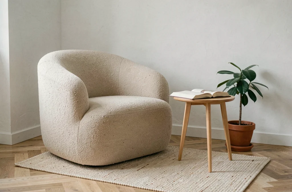 Fauteuil boucle moelleux dans un coin lecture minimaliste de style scandinave avec table en bois et plante verte