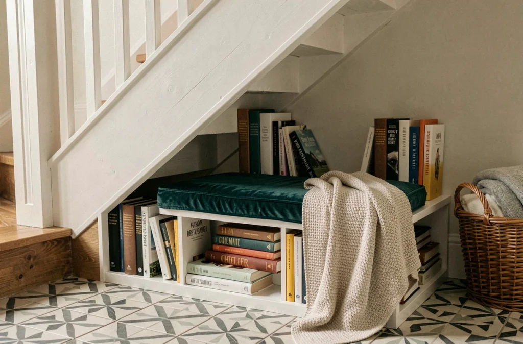Coin lecture douillet aménagé sous un escalier avec étagères de livres, coussin en velours et plaid tricoté