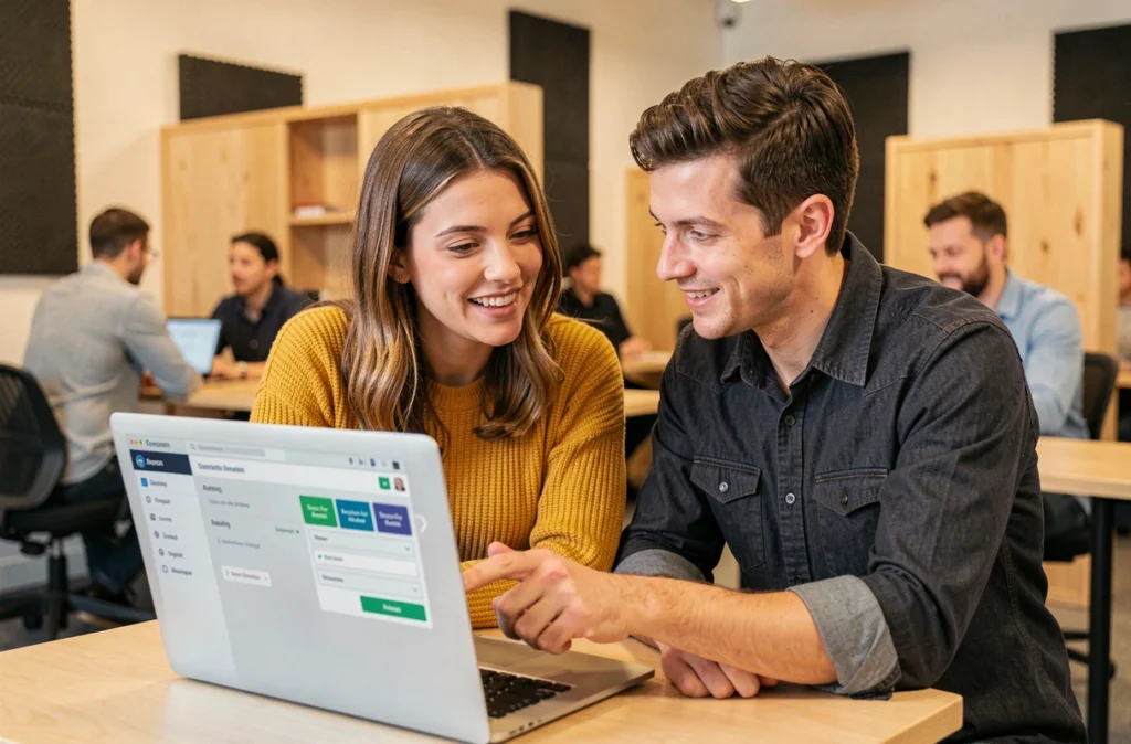 Deux collaborateurs de TPE en croissance travaillant ensemble sur un logiciel de gestion automatisée dans un espace de coworking