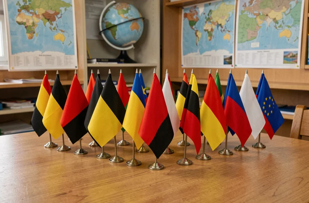 Collection de petits drapeaux noirs jaunes rouges disposés sur une table en bois dans une salle de classe