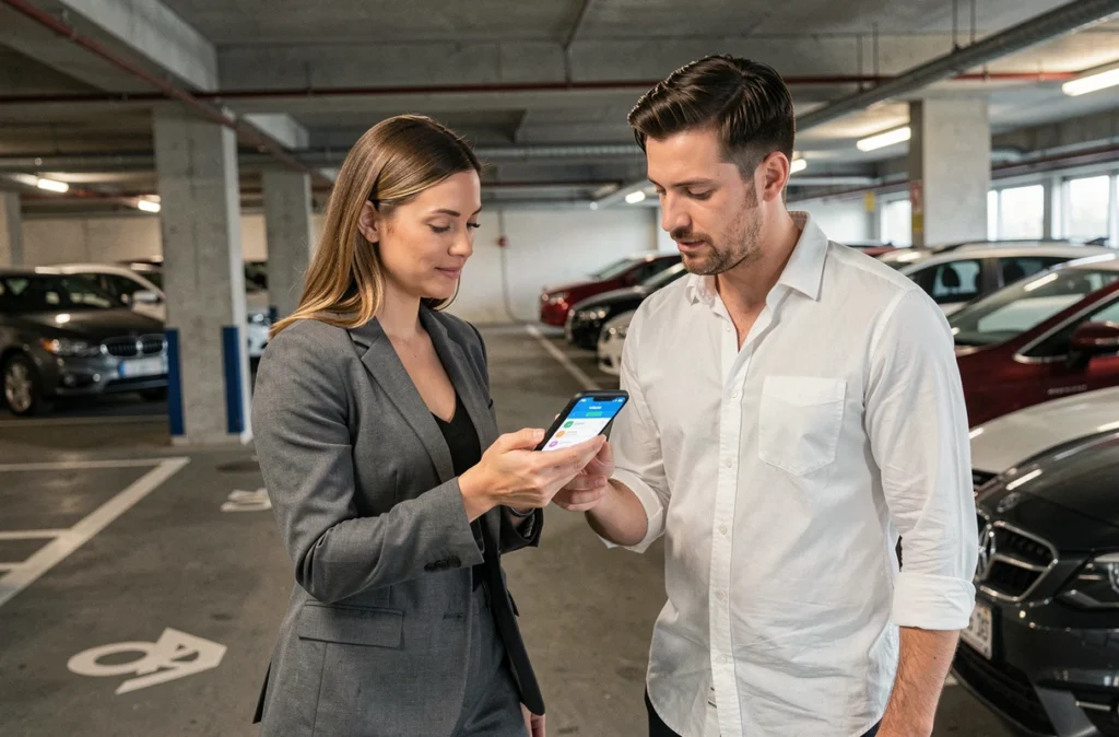 Deux collègues organisant un covoiturage ensemble via une application mobile dans un parking d'entreprise