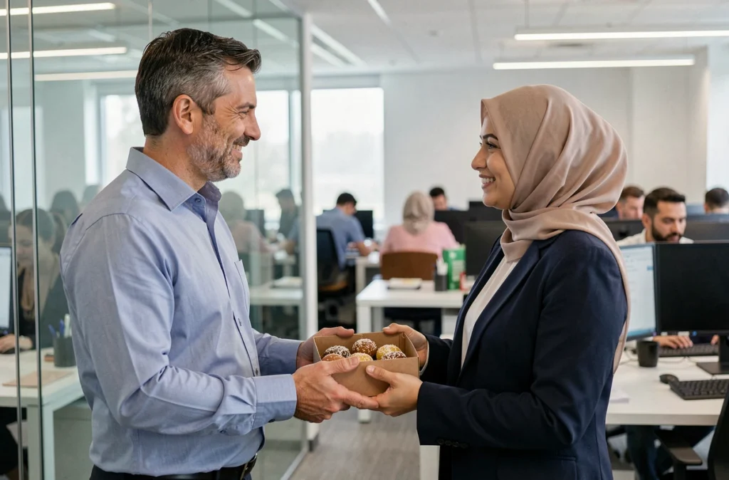 Collègues échangeant des vœux de Saha Ftourek et des douceurs de Ramadan dans un bureau moderne