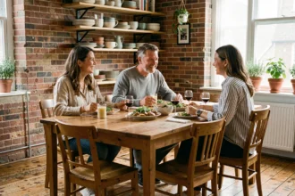 Trois colocataires adultes d'âges différents partagent un repas autour d'une grande table en bois dans un appartement en colocation chaleureux