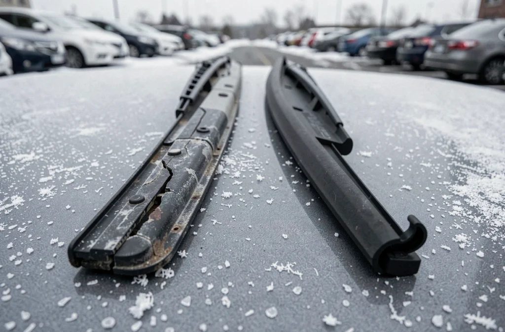 Comparaison entre un vieux balai d'essuie-glace usé et un neuf sur le capot d'une voiture en hiver