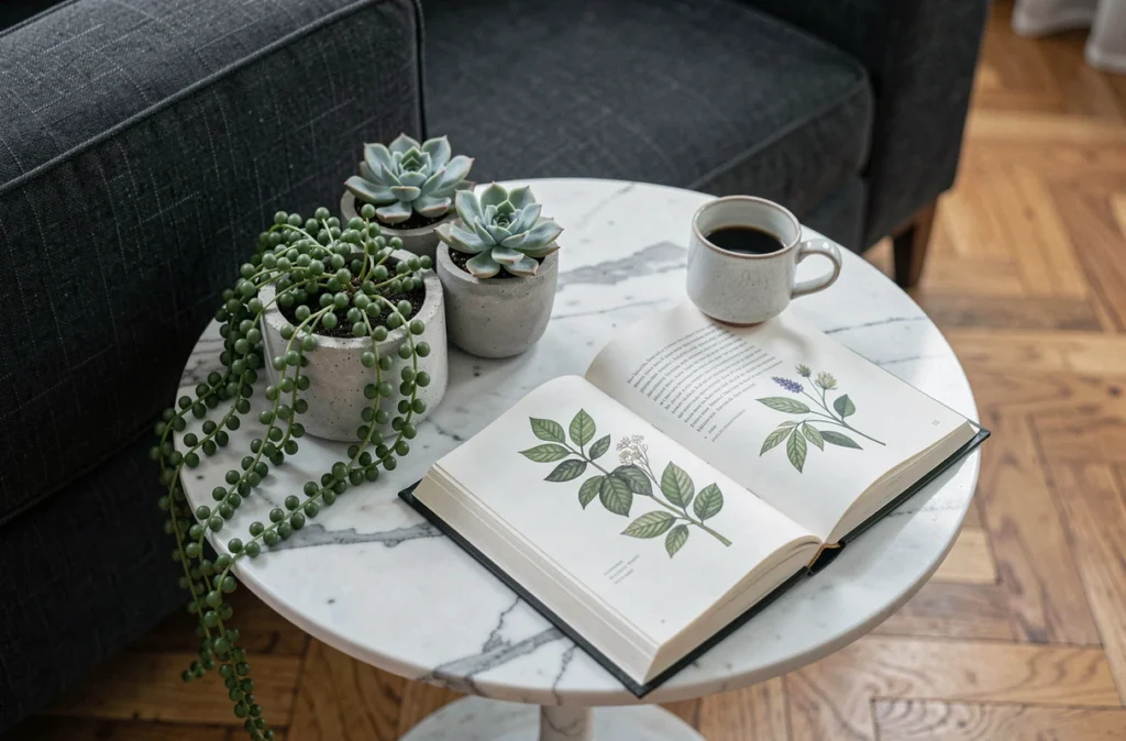 Table ronde en marbre avec succulentes en pot en béton et plante chapelet dans un salon élégant