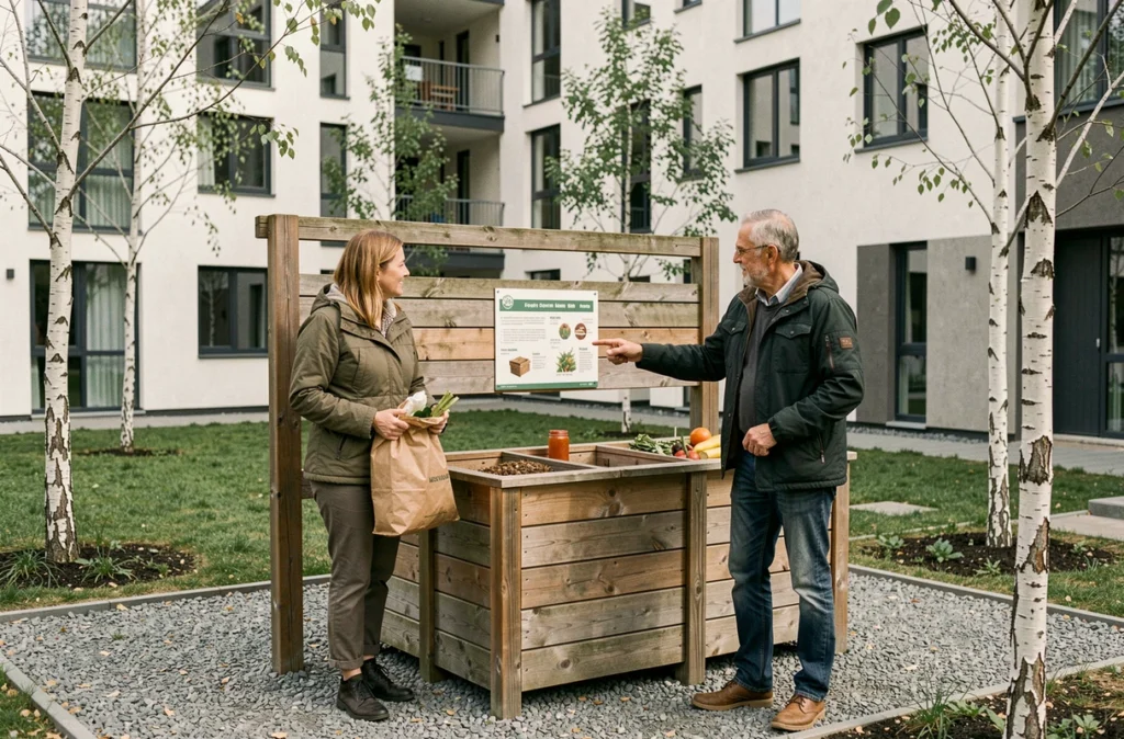 Deux voisins déposant des déchets organiques dans une station de compostage collective dans la cour d'une résidence urbaine moderne