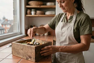 Femme versant des épluchures de légumes dans un composteur de cuisine en bois posé sur un plan de travail dans un appartement urbain moderne