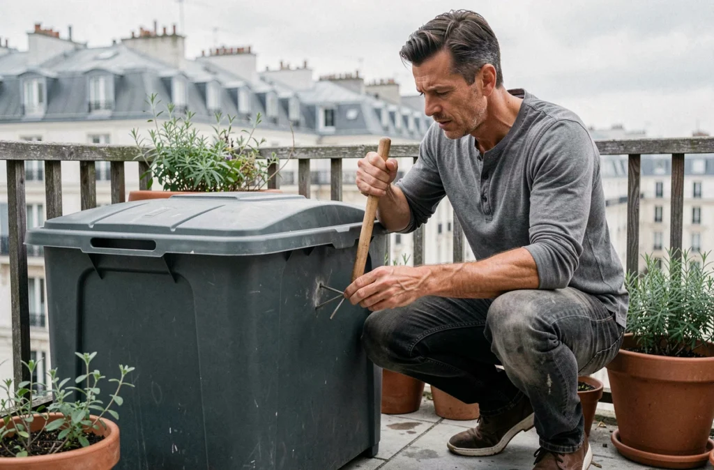 Homme entretenant un composteur extérieur sur un balcon parisien entouré de plantes en pot avec vue sur les toits de la ville