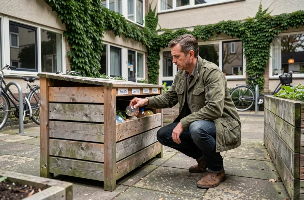 Copropriétaire triant des déchets organiques dans un composteur collectif installé dans la cour intérieure d'un immeuble résidentiel