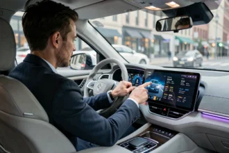 Conducteur interagissant avec le tableau de bord connecté d'une voiture moderne affichant des données d'assurance télématic